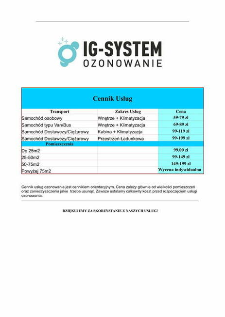 Ozonowanie pomieszczeń, aut itp.