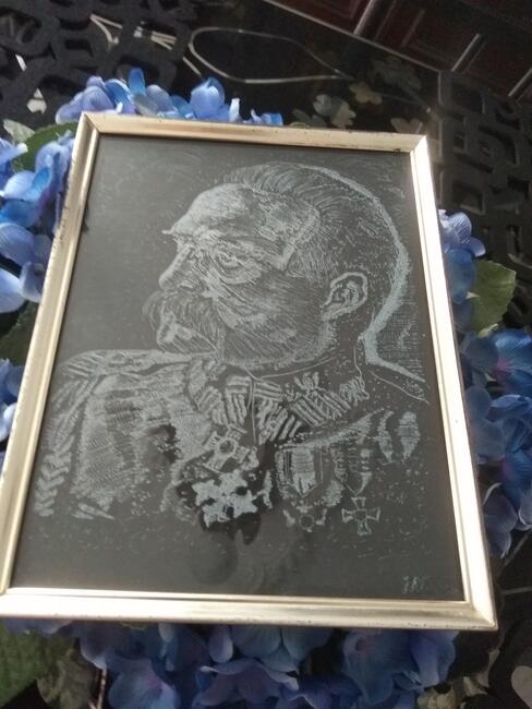 Piłsudski obraz szklany grawer ręczny w starej srebrnej rami