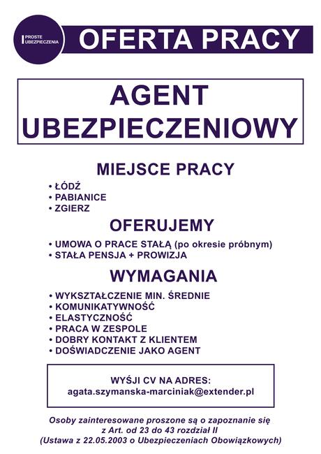 Agent Ubezpieczeniowy - PRACA!!! ŁÓDŹ / ZGIERZ / PABIANICE