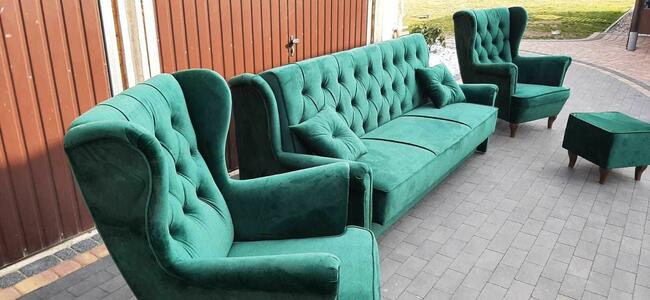 Komplet sofa fotele uszak podnóżek but zieleń chesterfield