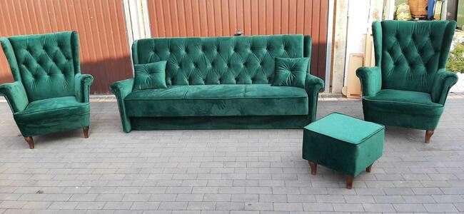 Komplet sofa fotele uszak podnóżek but zieleń chesterfield