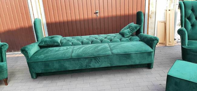 Komplet sofa fotele uszak podnóżek but zieleń chesterfield