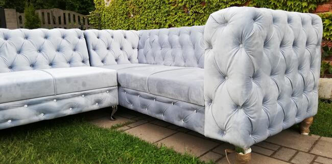 Narożnik chesterfield glamour szary producent głęboki pik