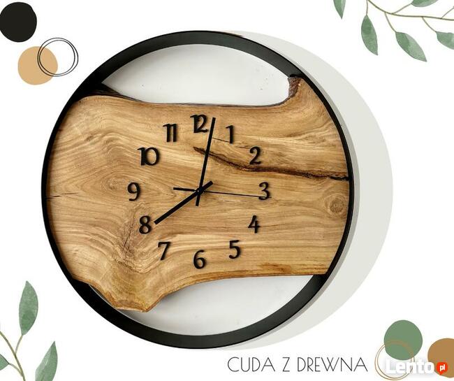 Loftowy zegar w obręczy z drewnianą deską 50 cm