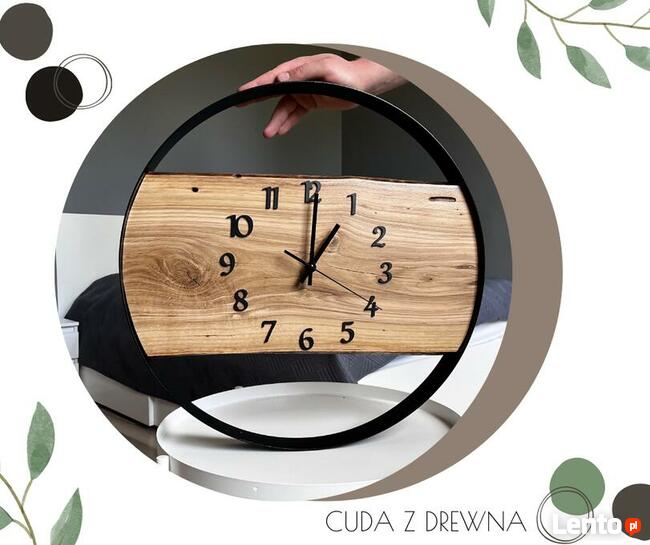 Loftowy zegar w obręczy z drewnianą deską 50 cm