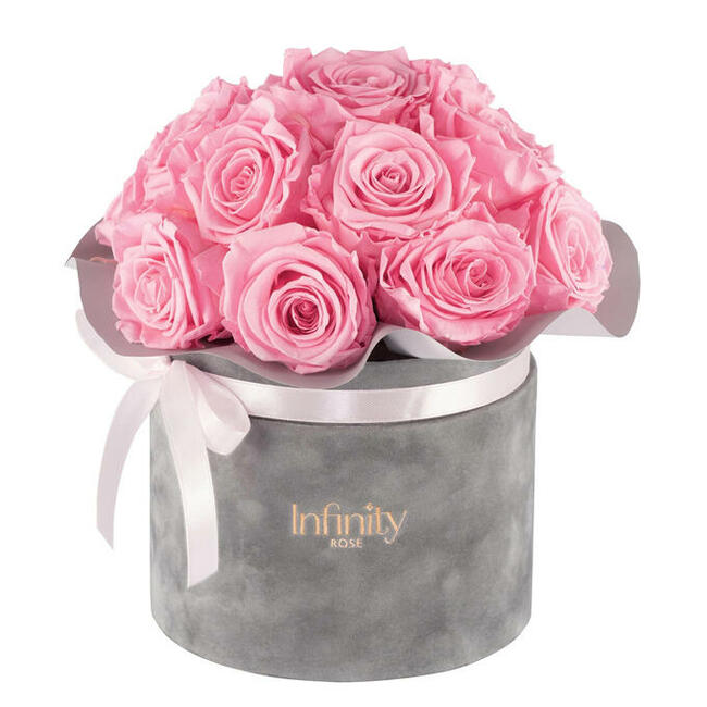 Bukiet różowe prawdziwe wieczne róże szary flowebox