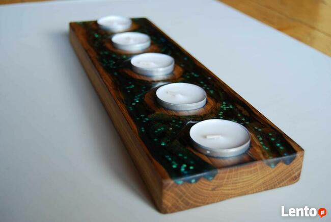 świecznik, drewno, żywica, tealight, rękodzieło