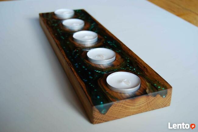 świecznik, drewno, żywica, tealight, rękodzieło