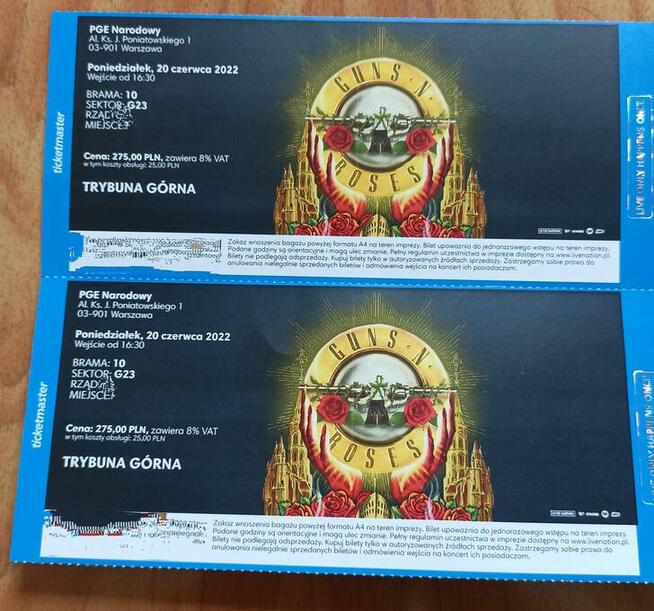 2 bilety na koncert Guns N Roses Warszawa 20.06.2022