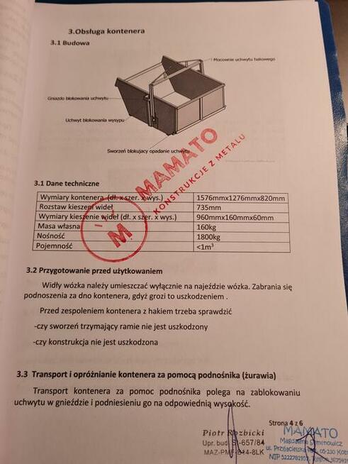 Pojemnik na gruz 1m³, Koleba samowyładowcza 1m³,