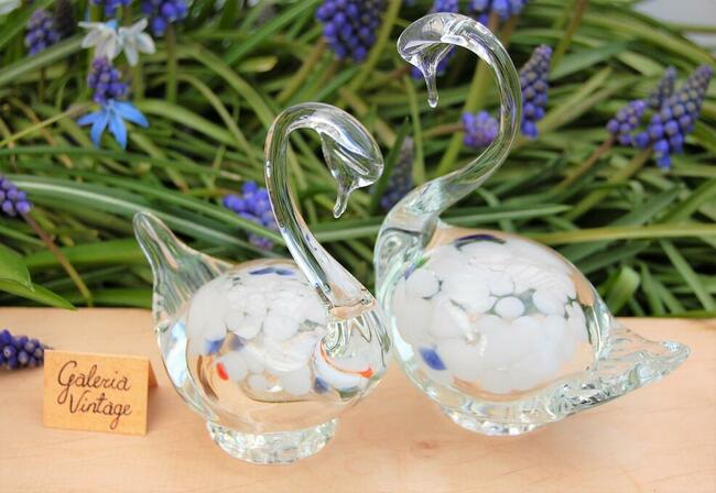 Szklane łabędzie, łabędź, figurka, szkło Murano PRL vintage