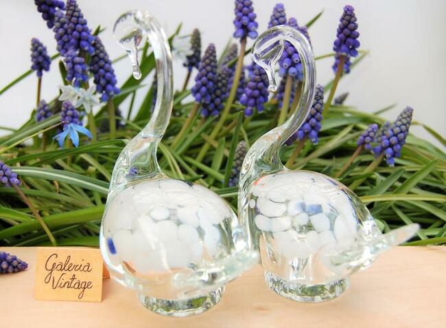 Szklane łabędzie, łabędź, figurka, szkło Murano PRL vintage