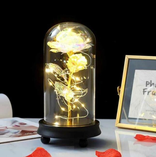 Złota Sztuczna Wieczna Róża w Szkle Dzień Matki Urodziny