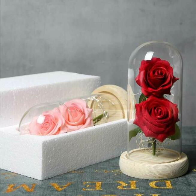 Piękna Podwójna Sztuczna Wieczna Róża w Szkle Prezent Dzień