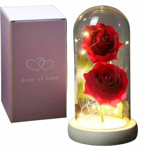 Piękna Podwójna Sztuczna Wieczna Róża w Szkle Prezent Dzień