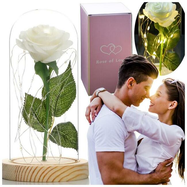 Biała Piękna Wieczna Sztuczna Róża w Szkle Na Dzień MAMY