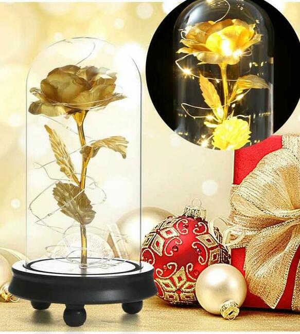 Złota Sztuczna Wieczna Róża w Szkle Dzień Matki Urodziny