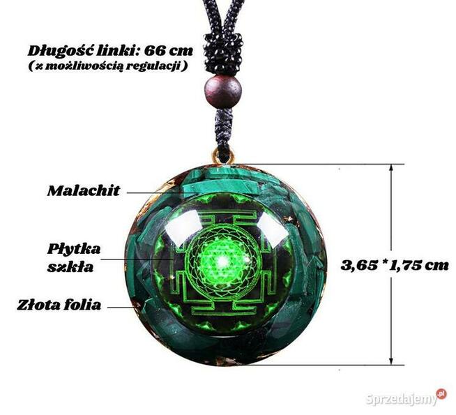 Piękny Naszyjnik Orgonit Malachit Naturalna Żywica Amulet D.