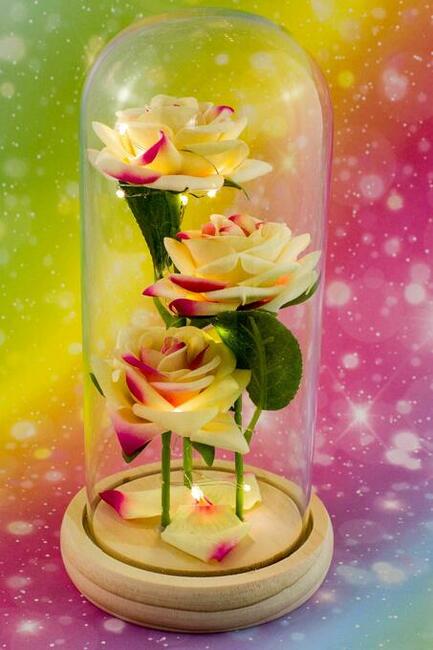 Piękna Sztuczna Wieczna Róża w Szkle Kremowo-Różowa Prezent