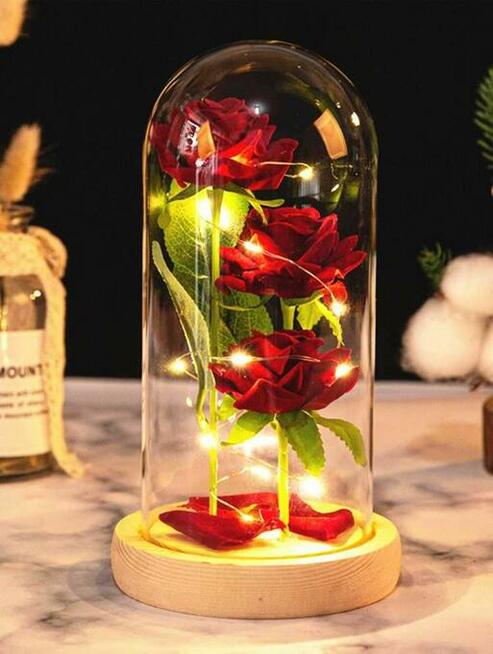 Piękne 3 Róże Róża w Szkle w Szklanej Kopule Dzień Matki