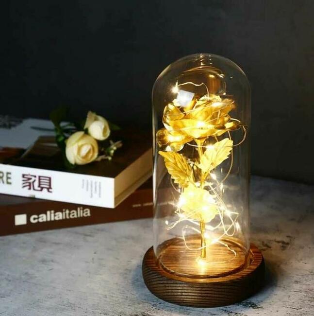 Piękna Złota Róża w Szkle Piękny Prezent Dzień Kobiet Mamy