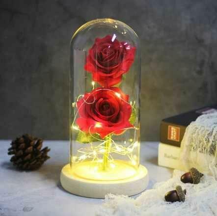 Piękna Podwójna Sztuczna Wieczna Róża w Szkle Prezent Dzień