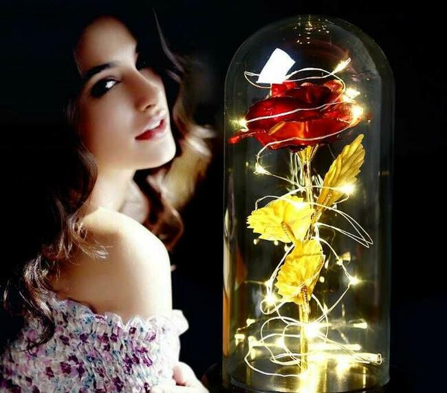 Złota Sztuczna Wieczna Róża w Szkle Dzień Matki Urodziny