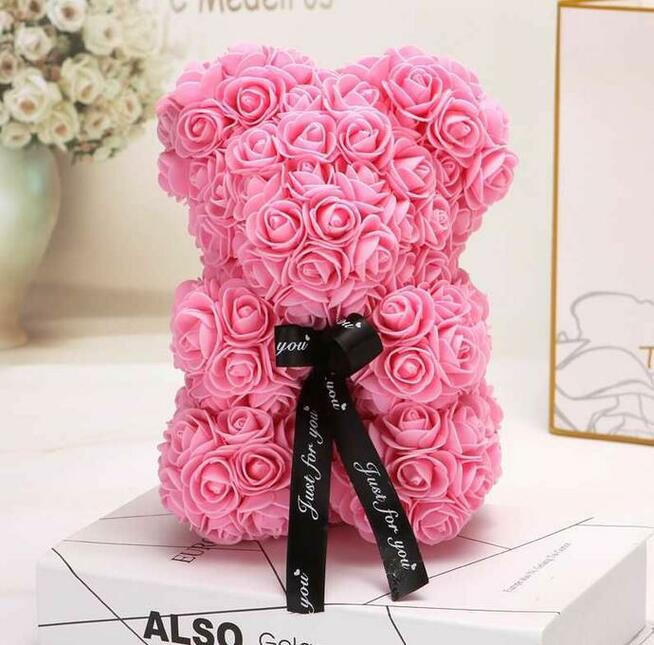 Piękny Miś 25 cm z Róż Prezent Dzień Mamy +Pudełko Prezen