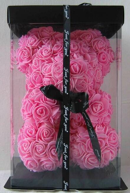 Piękny Miś 25 cm z Róż Prezent Dzień Mamy +Pudełko Prezen