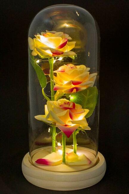 Piękna Sztuczna Wieczna Róża w Szkle Kremowo-Różowa Prezent