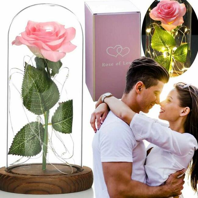 Różowa Sztuczna Wieczna Róża w Szkle Prezent Dzień Matki