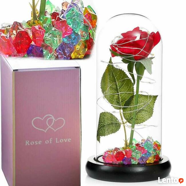Piękna Wieczna Czerwona Róża W Szkle Kolorowe Kryształki