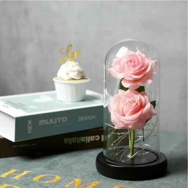 Piękna Podwójna Sztuczna Wieczna Róża w Szkle Prezent Dzień