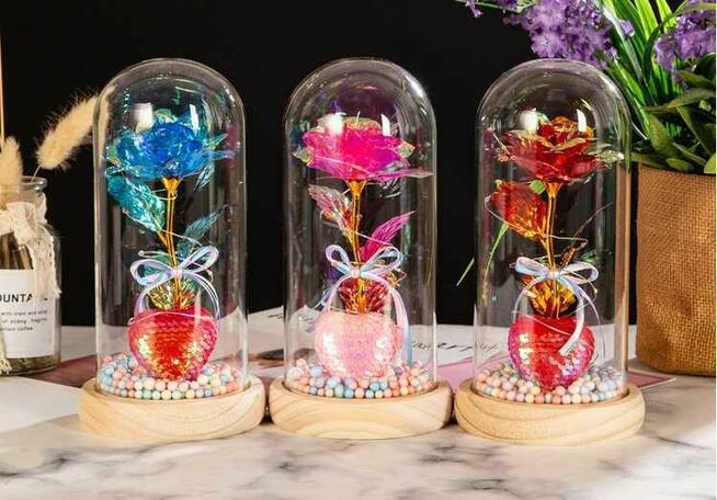 Piękna Niebieska Róża W Szkle z Sercem Prezent Dzień MAMY