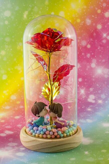 Piękna Sztuczna Wieczna Róża w Szkle Czerwona z Figurkami