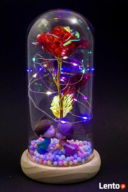 Piękna Sztuczna Wieczna Róża w Szkle Czerwona z Figurkami