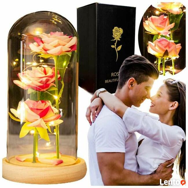 Piękne 3 Róże Róża w Szkle w Szklanej Kopule Dzień Matki