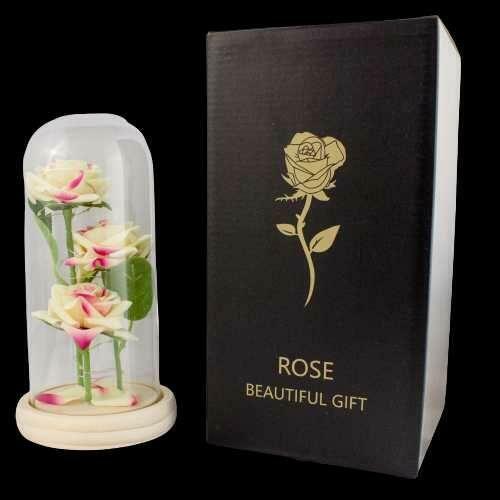 Piękna Sztuczna Wieczna Róża w Szkle Kremowo-Różowa Prezent