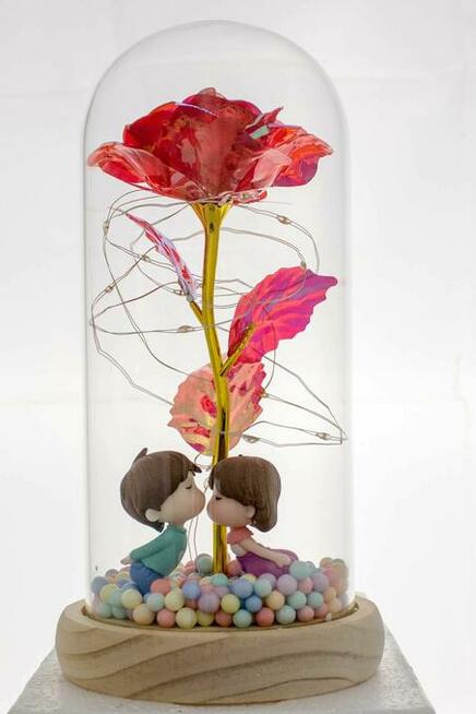 Piękna Sztuczna Wieczna Róża w Szkle Czerwona z Figurkami