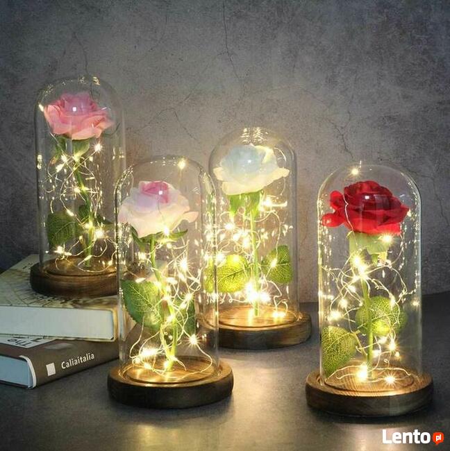 Piękna Sztuczna Wieczna Róża w Szkle Kopule Prezent Urodziny