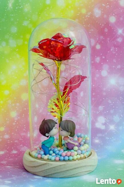 Piękna Sztuczna Wieczna Róża w Szkle Czerwona z Figurkami