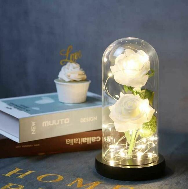Biała Piękna Wieczna Sztuczna Róża w Szkle Na Dzień MAMY