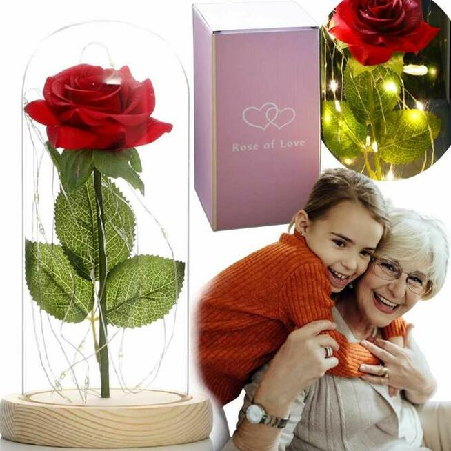 Piękna Sztuczna Wieczna Róża w Szkle Kopule Prezent Urodziny