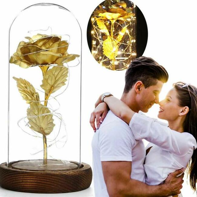 Piękna Złota Róża w Szkle Piękny Prezent Dzień Kobiet Mamy
