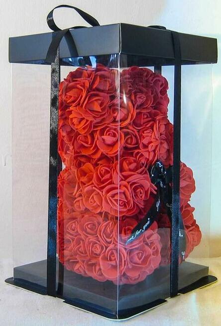 Piękny Miś 25 cm z Róż Prezent Dzień Mamy +Pudełko Prezen