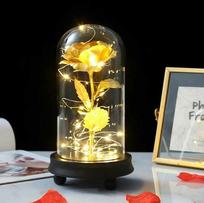 Złota Sztuczna Wieczna Róża w Szkle Dzień Matki Urodziny