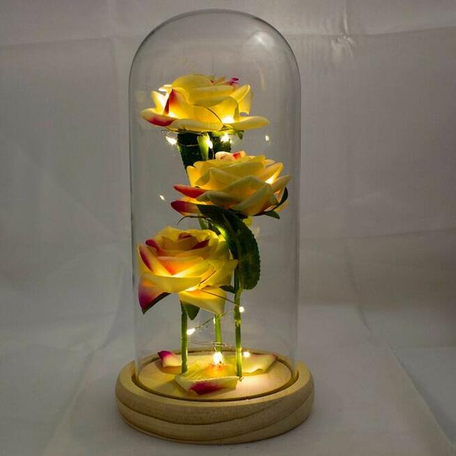 Piękna Sztuczna Wieczna Róża w Szkle Kremowo-Różowa Prezent