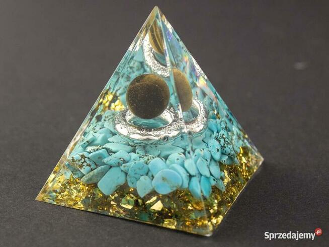 PIĘKNA PIRAMIDKA ORGONIT TURKUS TYGRYSIE OKO ZŁOTA FOLIA