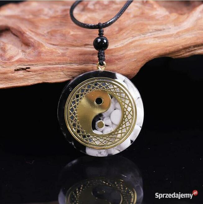 Piękny Naszyjnik Orgonit YIN YANG Miedź Howlit Obsydian