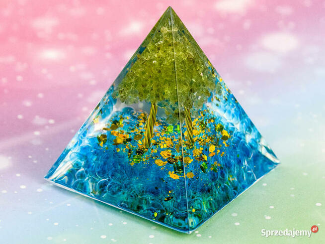PIĘKNA PIRAMIDA ORGONIT NIEBIESKA GLAZURA OLIWIN MIEDŹ 5 cm
